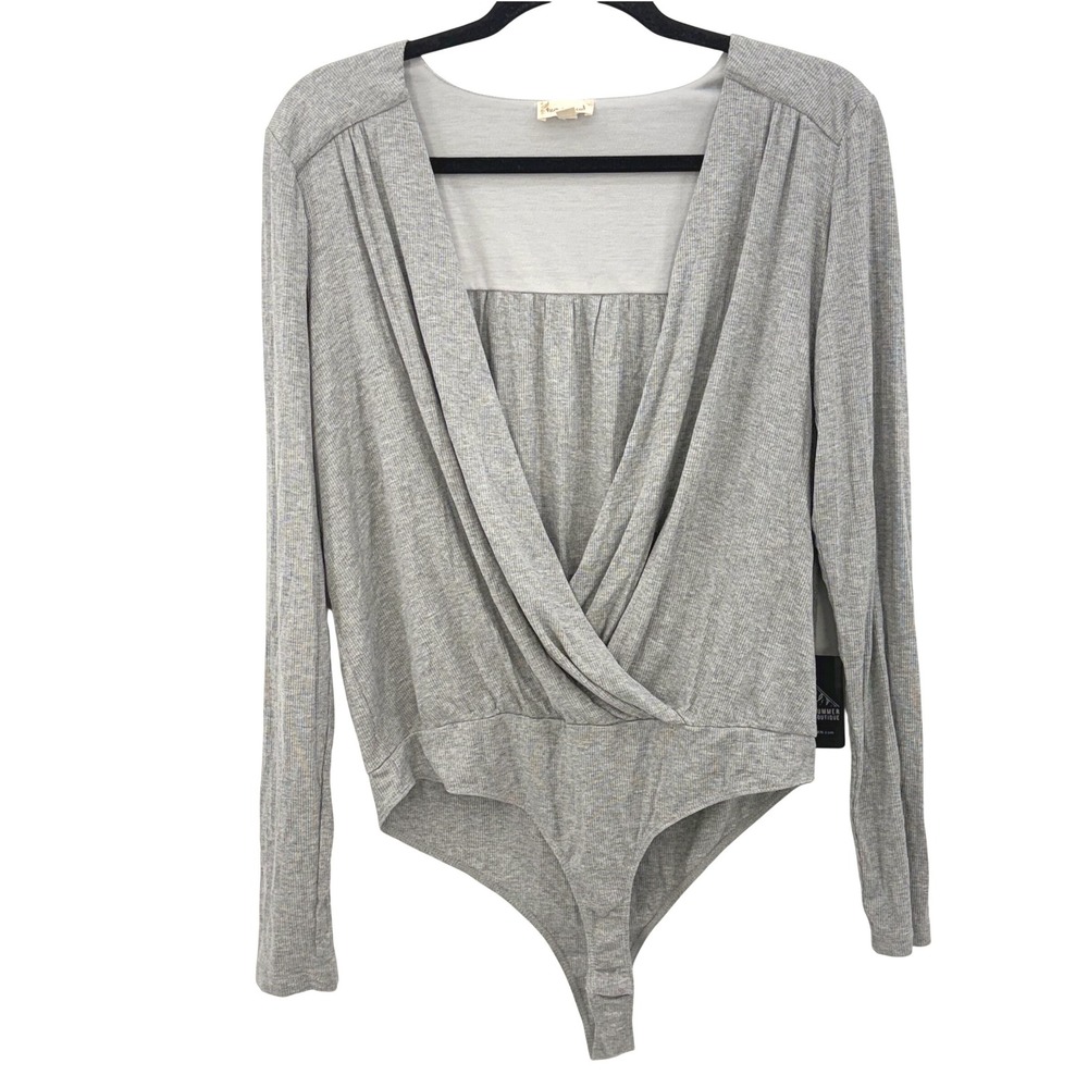 Hem & Thread Grey Long Sleeve Wrap Bodysuit L NWT Minimalist Neutral Balletcore